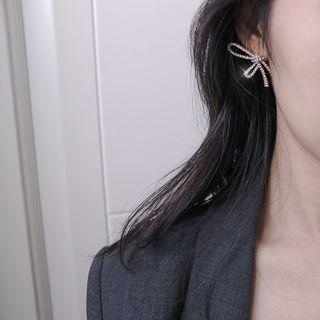 Rhinestone Bow Earring 1 Pair - S925 Silver Stud - Gold - One Size