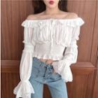 Long-sleeve Lace Trim Ruffled Top White - One Size