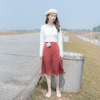 Set: Plain Knit Top + Midi Dotted A-line Skirt