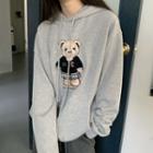 Long-sleeve Bear Embroidered Hoodie Gray - One Size