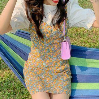 Set: Balloon-sleeve Blouse + Floral Print Pinafore Dress Blouse - White - One Size / Pinafore Dress - Floral - Yellow - One Size