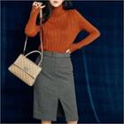 Slit-front Wool Blend Skirt With Belt