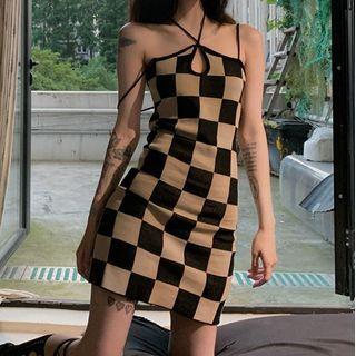 Spaghetti Strap Checkered Mini Sheath Dress Dress - Light Khaki & Black - One Size