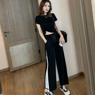 Set: Crew-neck Short-sleeve Crop Top + Color Block Drawstring Wide-leg Pants