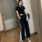 Set: Crew-neck Short-sleeve Crop Top + Color Block Drawstring Wide-leg Pants