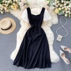 Square-neck Puff-sleeve Color Block Panel Dress
