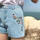Embroidered Flower Denim Shorts