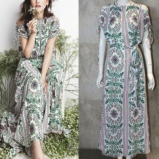 Patterned Tie-up Tie-waist Maxi Dress