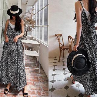 Tie-back Floral Long Spaghetti Strap Dress Black - One Size