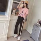 Elbow-sleeve Cartoon T-shirt / Wide-leg Sweatpants / Set