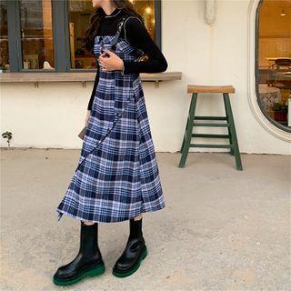 Wide Strap Plaid Midi A-line Dress / Long-sleeve Top