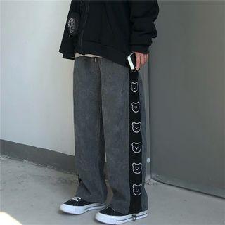 Bear Embroidered Corduroy Straight Leg Pants