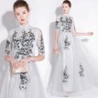 Floral Embroidered Short-sleeve Evening Gown