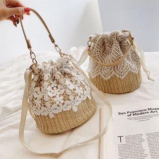 Lace Panel Straw Bucket Bag