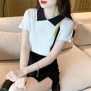 Color Block Lapel Short-sleeve Top