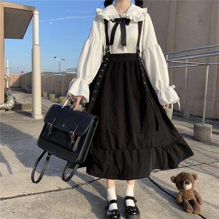 Long-sleeve Frill Trim Blouse / Bow Necktie / Suspender A-line Midi Skirt / Set