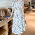 Puff-sleeve Lettering Print Midi A-line Dress