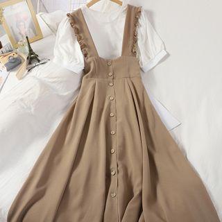 Set: Short-sleeve Top + Suspender Midi A-line Dress