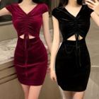 Cut-out Short-sleeve Mini Sheath Velvet Dress