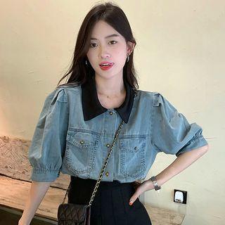 Puff-sleeve Contrast Collar Denim Shirt