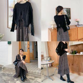 Set: Tie-back Sweater + Long Leopard Wrap Dress