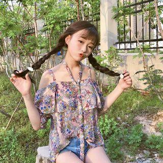 Floral Print Off-shoulder Spaghetti-strap Elbow-sleeve Top