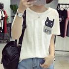 Cat Embroidered Pocketed Short Sleeve T-shirt