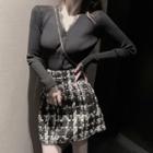 Lace Trim Knit Top / High-waist Tweed Skirt
