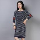 3/4-sleeve Embroidered Striped Knit Dress