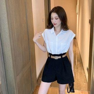 Set : Plain Shirt + High-waist Shorts