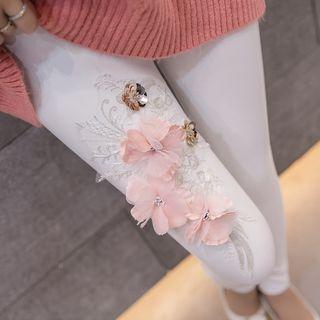 Floral Embroidered Faux Leather Skinny Pants