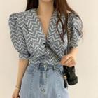 Printed Puff-sleeve Blouse As Shown In Figure - One Size