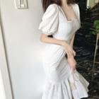 Balloon-sleeve Midi Lace Sheath Dress