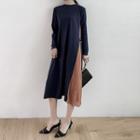 Long-sleeve Round-neck Pleated Panel Dress