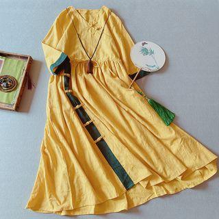 Elbow-sleeve V-neck Frog Button A-line Dress