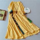 Elbow-sleeve V-neck Frog Button A-line Dress