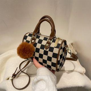 Pom Pom Check Faux Leather Crossbody Bag