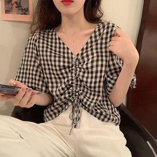 Drawstring Gingham Short-sleeve Cropped Blouse