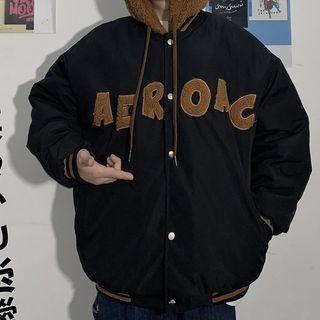 Couple Matching Lettering Fleece Panel Hooded Baseball Jacket