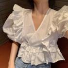 Ruffle Trim Short-sleeve V-neck Cropped Blouse