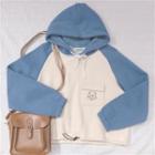 Bear Embroidered Paneled Hoodie Blue - One Size