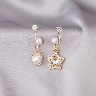 Non-matching Rhinestone Star Faux Pearl Earring E3197 - As Shown In Figure - One Size