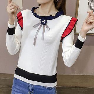 Frill Trim Colour Block Long-sleeve Knit Sweater