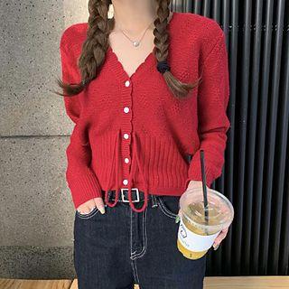 Cropped Buttoned Drawstring Knit Top