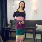 2019 Spring New In Seoul Color-block Knit Dress Navy Blue - One Size
