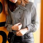 Single-breasted Puff-sleeve Bow Long-sleeved Gingham Blouse