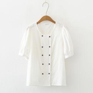 Puff-sleeve Double-breasted Blouse White - One Size