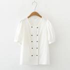 Puff-sleeve Double-breasted Blouse White - One Size