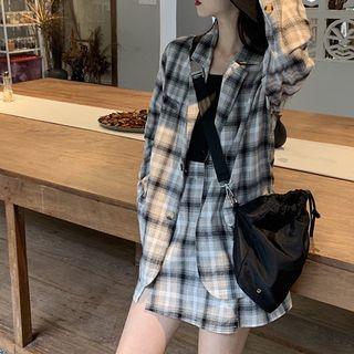 Set: Plaid Single-breasted Blazer + High-waist Mini A-line Skirt