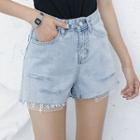 Mesh Trim Washed Denim Shorts